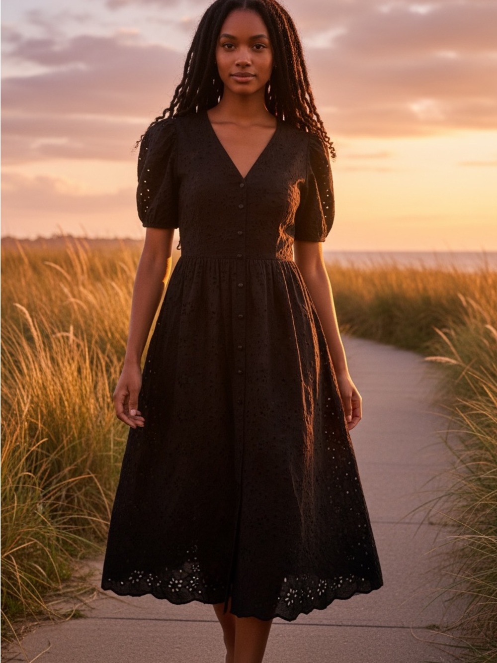 J. Crew Black Eyelet V-Neck Midi Dress with Puff Sleeves